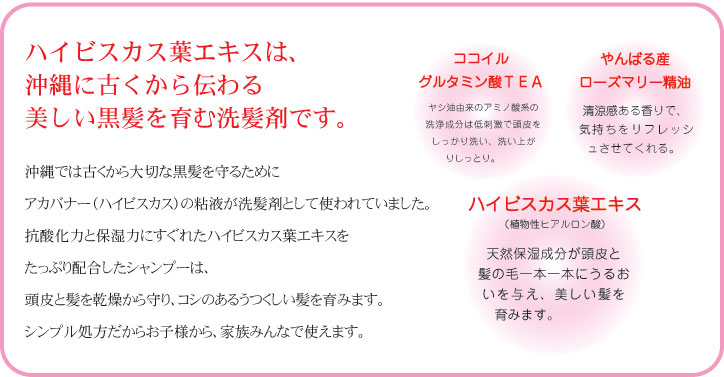 ハイビスカス葉エキスは、沖縄に古くから伝わる美しい黒髪を育む洗髪剤です